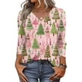thumbnail image 2 of Women's Casual Fashion Christmas Print 3/4 Sleeve Top, Holiday Graphic Tee, Stylish Blouse for Fall Winter Seasonal Wear,Pink,M, 2 of 7