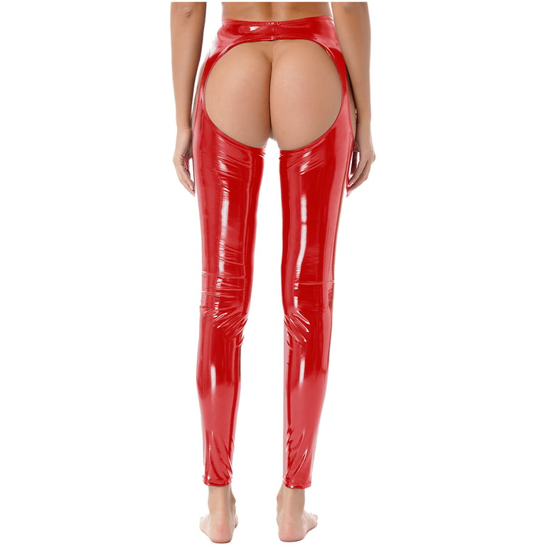 YONGHS Women's Patent Leather Hollowing Out Bottoms Leggings Long Assless  Chaps Pants Red 4XL