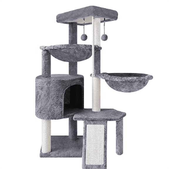 Layer Cat Tree with Cat Condo and Two Hammocks,Grey