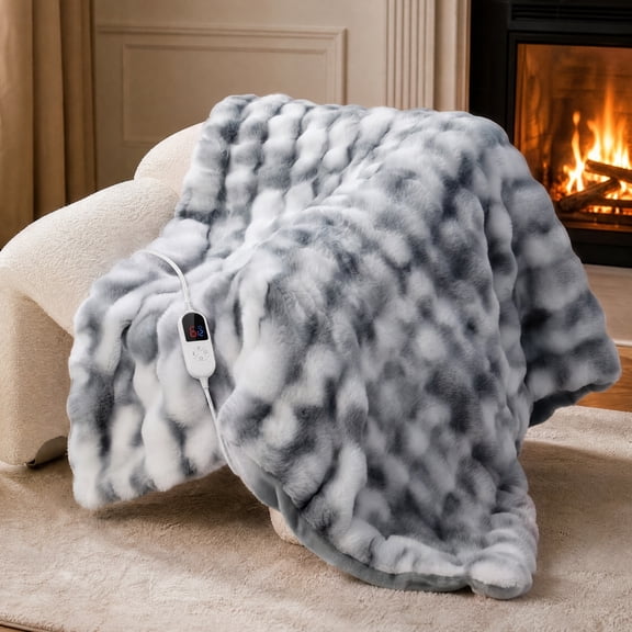 Heated Blanket Electric Throw ,50*60,460 GSM Bubble Faux Rabbit Fur,Women Gift,Gray