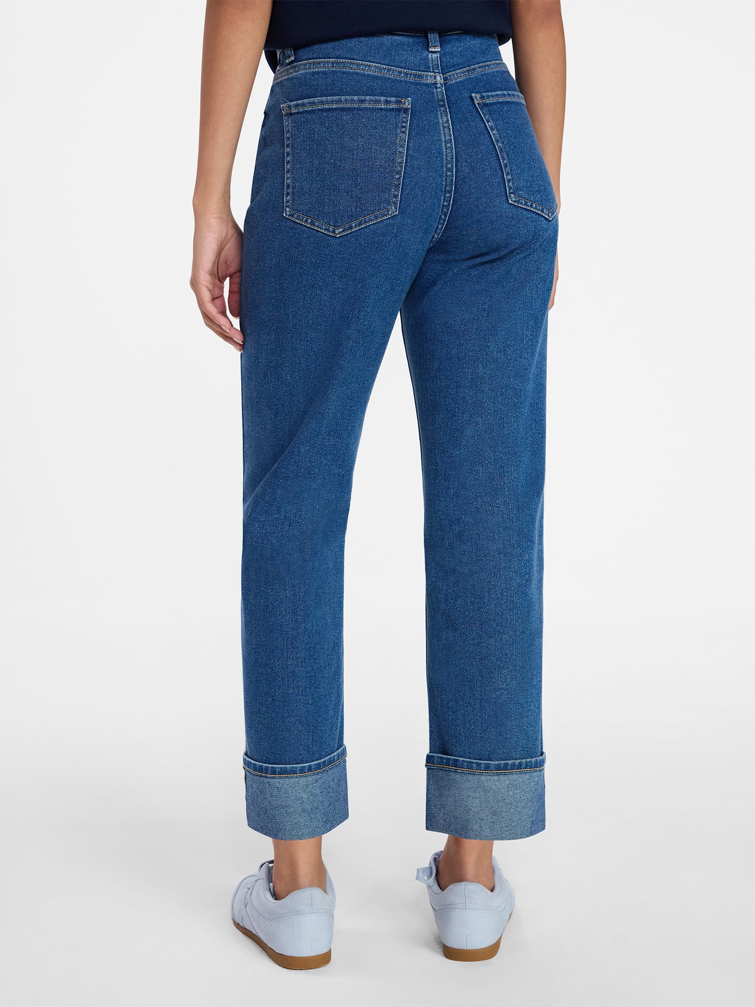 Time and Tru Women's High Rise Straight Leg Cuffed Jeans, 26.5" Inseam, Sizes 0-20