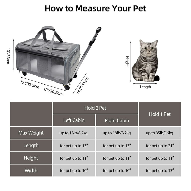 ELEGX Double-Compartment Pet Rolling Carrier with Wheels for 2 Pets,for Up  to 35 LBS,Cat Rolling Carrier for 2 Cats,Super Ventilated Design,Ideal for  Traveling/Hiking /Camping 