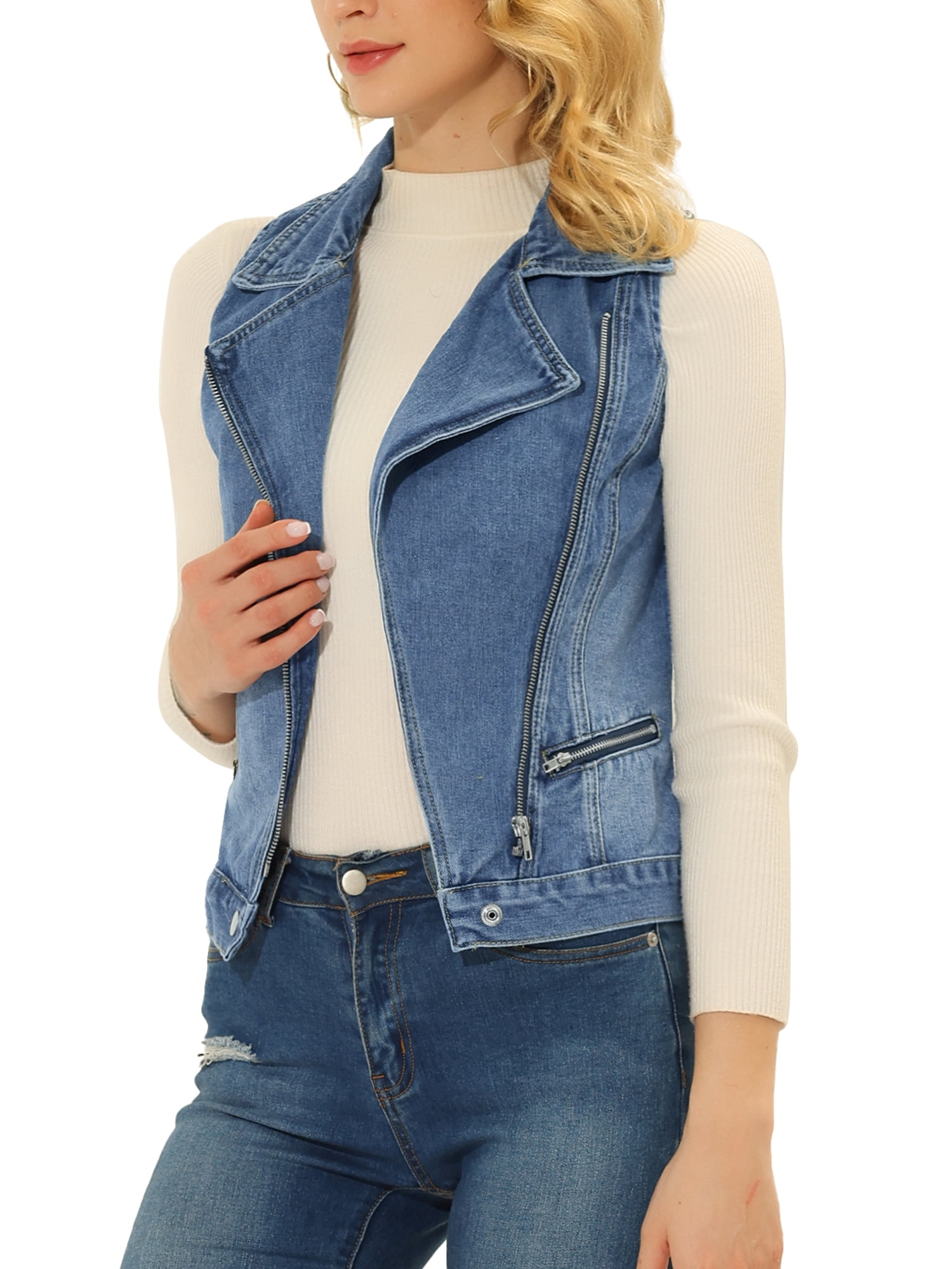 Unique Bargains Women's Notched Lapel Asymmetrical Zip Up Sleeveless Denim Vest Jacket