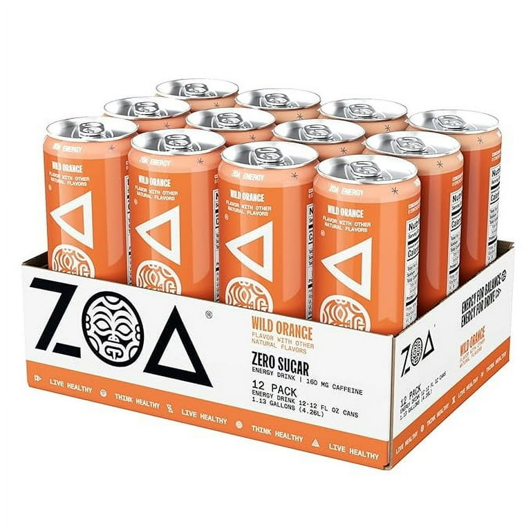 ZOA Zero Sugar Energy Drink, Wild Orange, 12-Pack, 12oz, Non