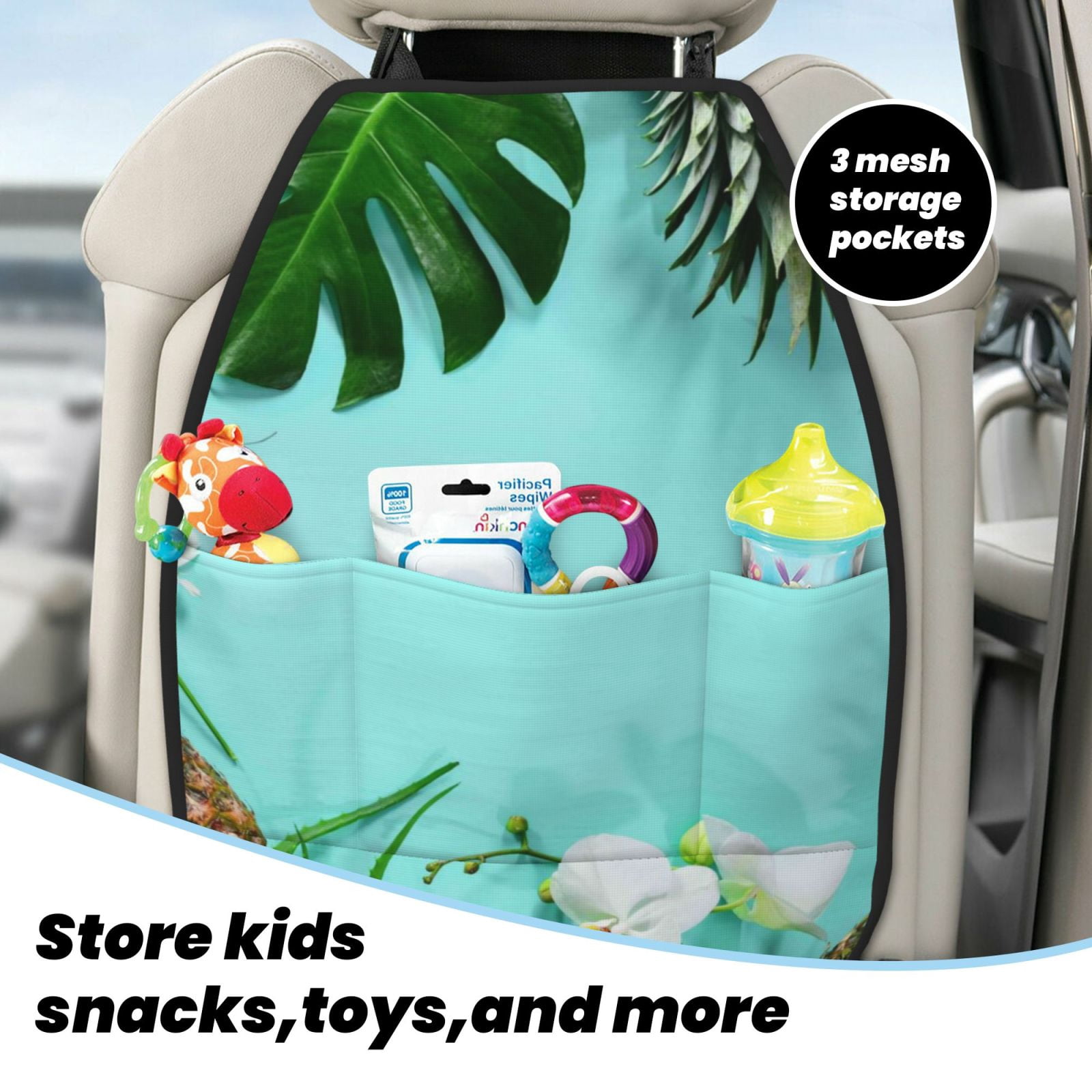 Xecao Tropical Pineapple Pattern Car Seat Back Protector 2 Pack Large Capacity Pocket, Kick Mats Back Seat Protector