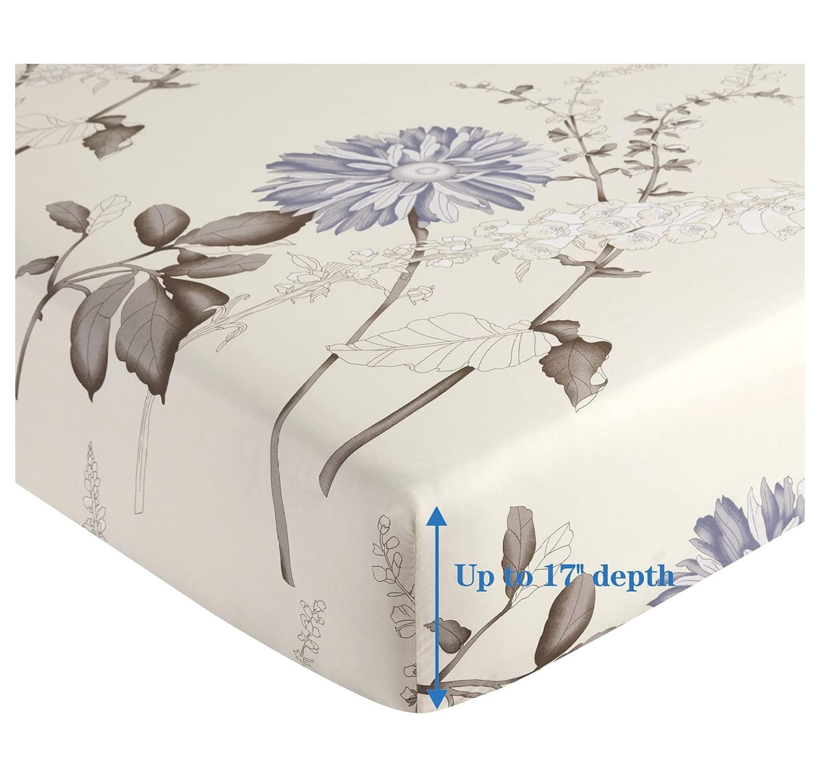 Ultra Soft Silky Deep Pocket Rich Printed Bedding Rayon Derived from Bamboo All Season 6 Pieces Sheet Set with 4 Pillowcases, Blue Chrysanthemum Floral Pattern Queen Size
