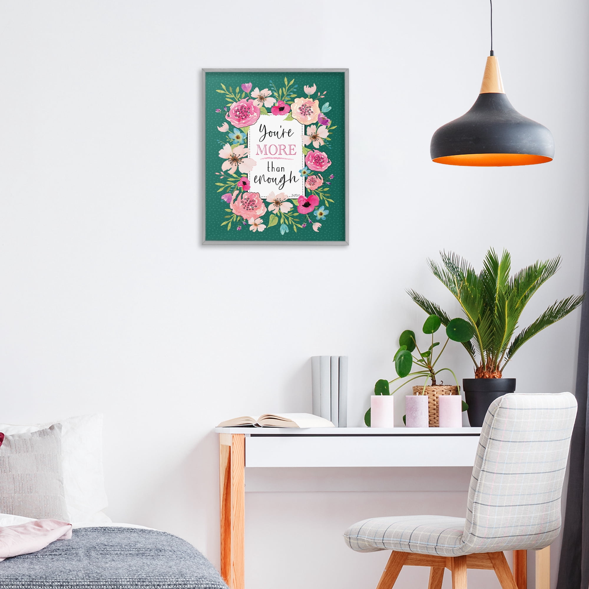 Stupell Industries More Than Enough with Florals Gray Framed Giclee Art, design by Elizabeth Tyndall
