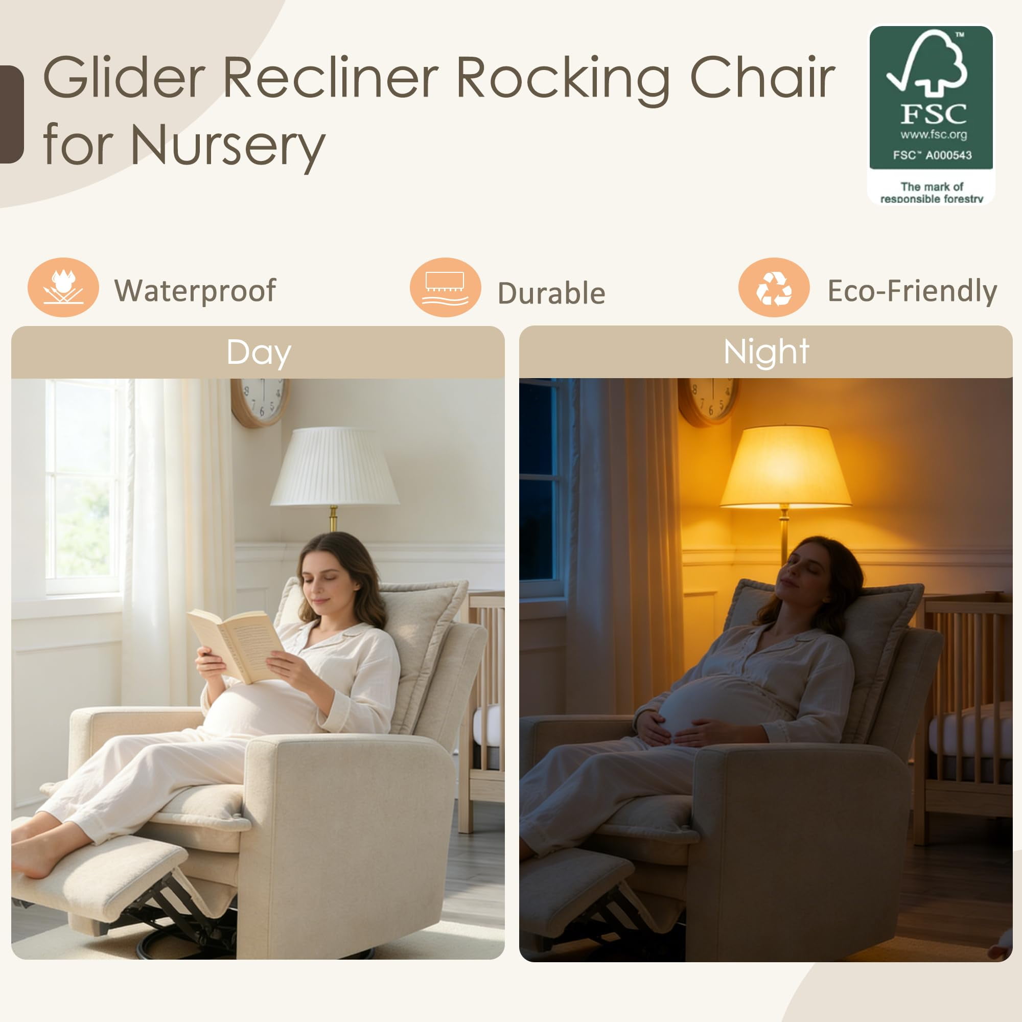 Beige Swivel Rocker Recliner Chair, Merino Wool Manual Rocking Chair for Teens, Bedroom, Gaming Room & Living Room Christmas Gift