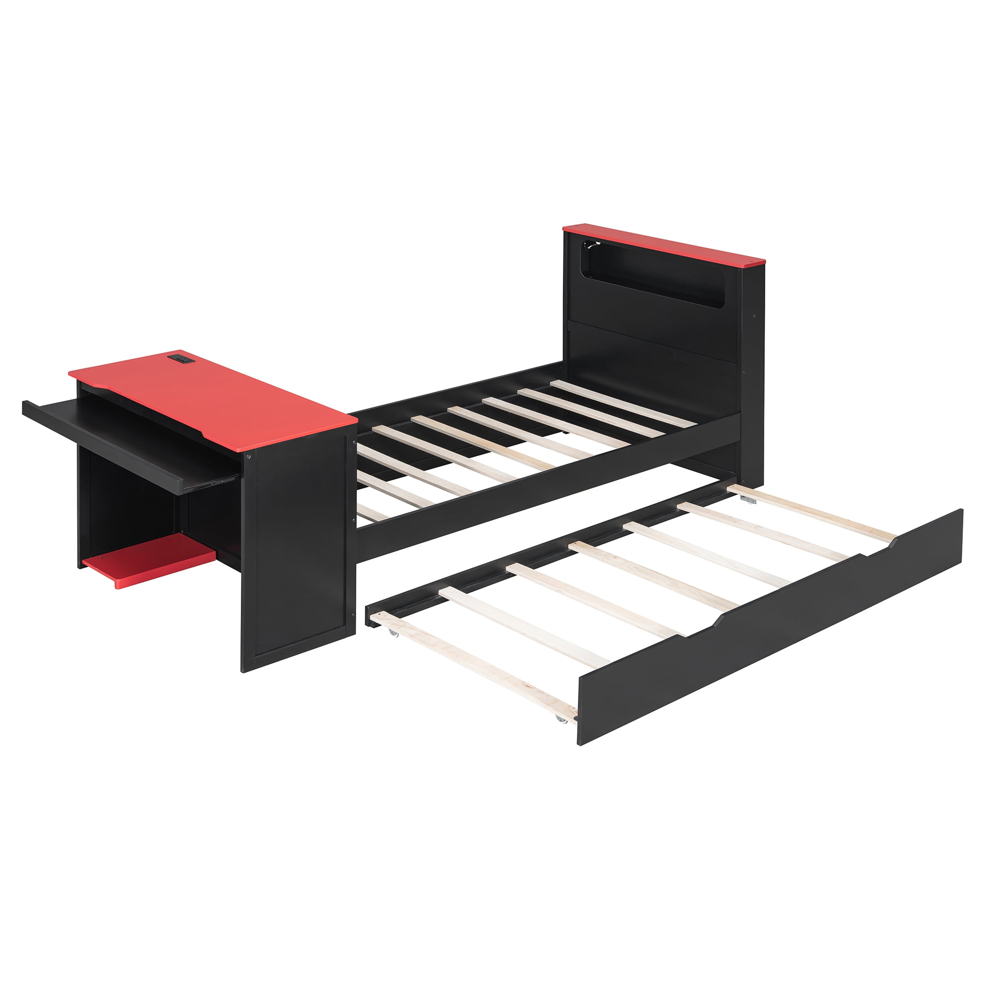 Mintazer Twin Gaming Bed with Charge Station & Lights, Daybed with Desk & Trundle for Home Office, Black & Red