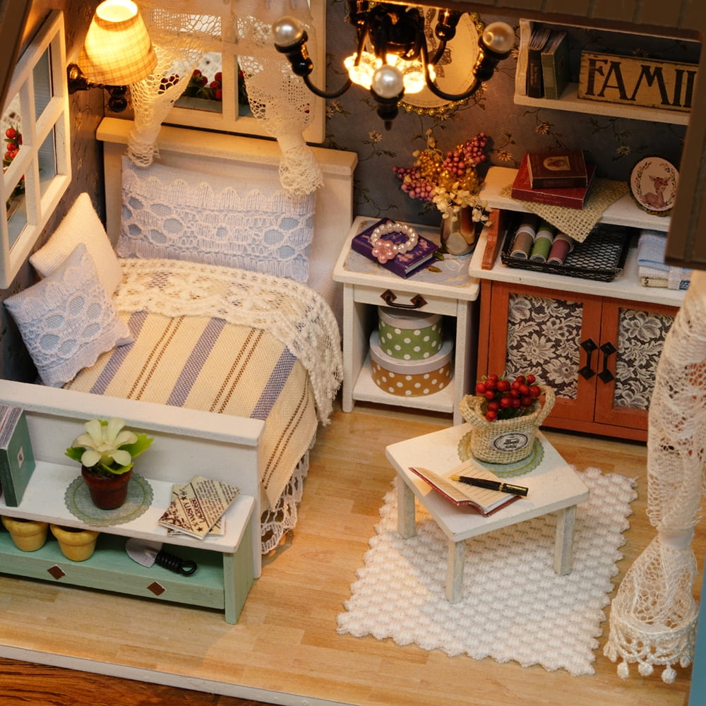 Wooden DIY Dollhouse Miniature Furniture Kit LED Light Assembled Craft Toys Gift