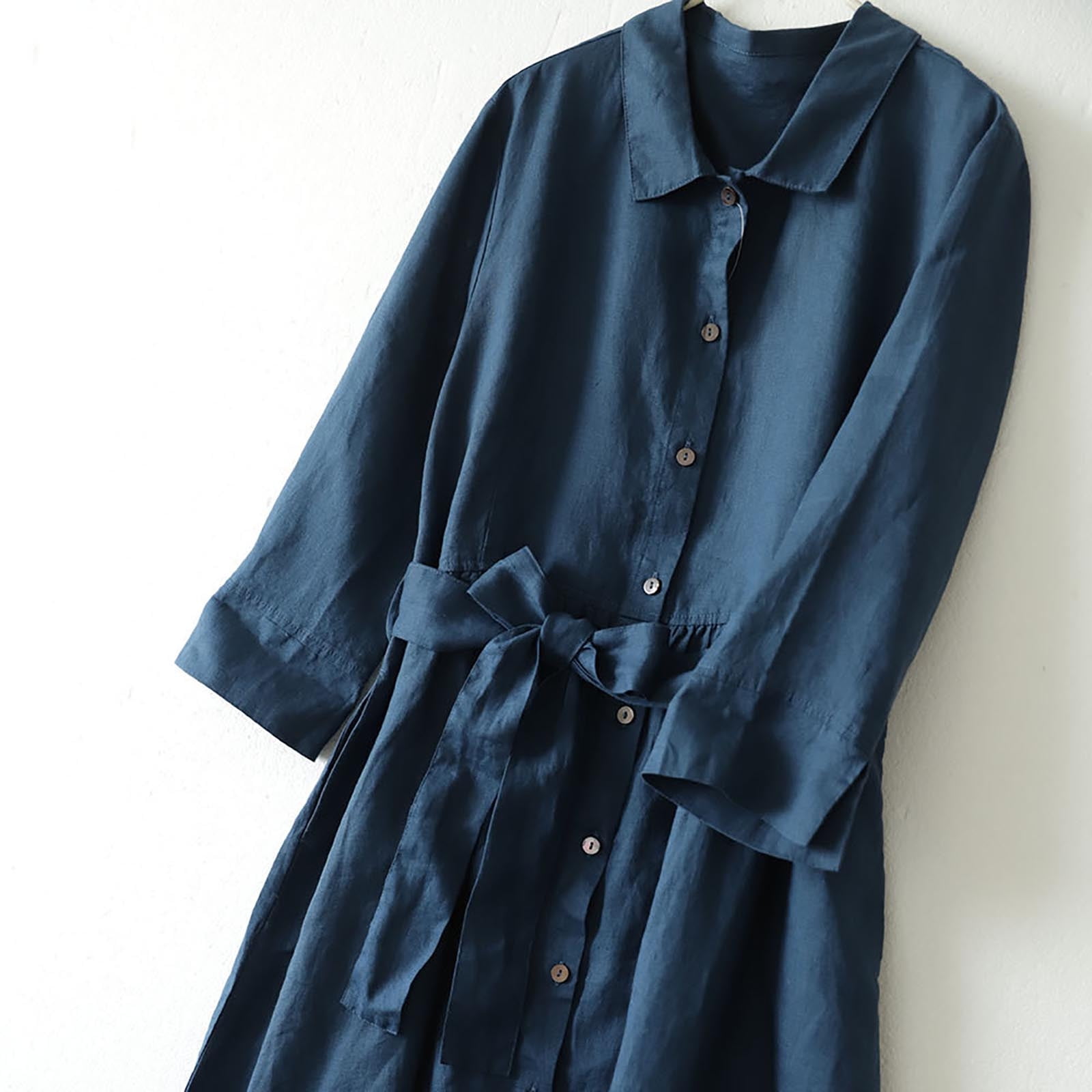 Fartey Womens Summer Dresses Under $10 Vintage Short Sleeve Cotton Linen Midi Dress Solid Color Button Lapel Beach Dress Casual Flowy Tunic Daily Sundress