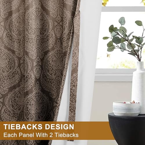 Hiasan Back Tab Ombre Blackout Curtains for Bedroom - 96 inches Length Elegant Damask Design Tieable Window Drapes Thermal Insulted Light Blocking Curtains for Living Room, 2 Panels, W52 x L96, Brown