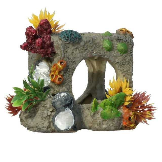 Agua, hierba, roca, modelo, , cueva, resina, hábitat, acuario, terrario, decoración, adorno para gartijas pequeñas, tortugas, anfibios, CUTICAT Paisaje de refugio cuadrado de hierba
