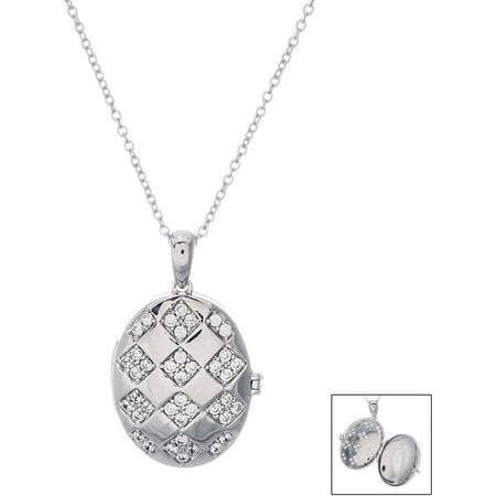 Angelique Silver CZ 18kt White Gold over Sterling Silver Checkered Oval Locket Necklace