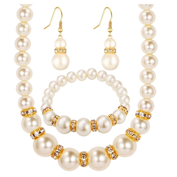 DESIGNICE Jewelry Sets Elegant Luxury Lady Jewelry Pearl Set Necklace Earrings Bracelet Three Piece Set (Gold)
