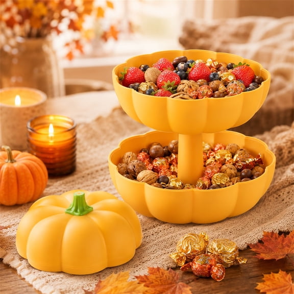 Pumpkin Shaped Snack Bowl Two Tier Serving Tray Divided Container For Candy And Fall Table Centerpiece Decorations