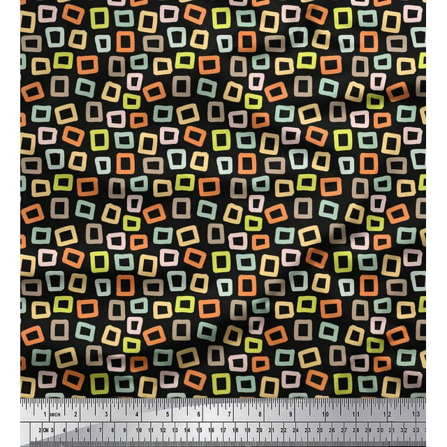 Soimoi Black Poly Georgette Fabric Square Geometric Decor Fabric Printed Yard 42 Inch Wide