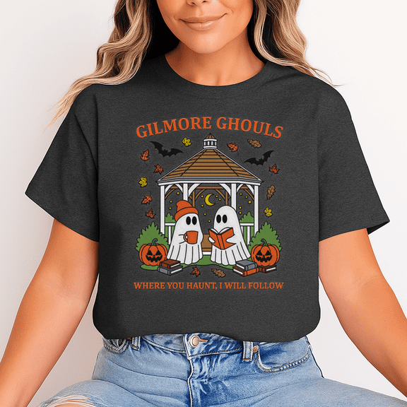 Unisex Halloween T-Shirt, 100% Cotton – Cozy Gazebo Reading Ghosts Graphic, Soft Crewneck, Short Sleeve, Gift for Halloween