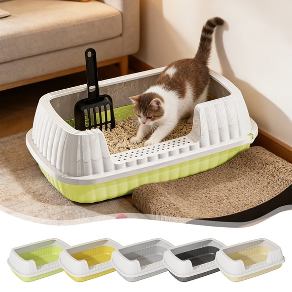 High-Sided Semi-Enclosed Cat Litter Box with Splash Guard and Scoop, Large Easy-Clean Plastic Pan for Indoor Cats