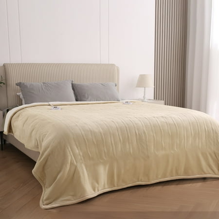 Electric Heated Blanket Queen Size 84  x90    Fast Heating with Dual Controllers  10 Heating Levels  10H Timer  Preheat Function Machine Washable - Beige