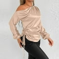 thumbnail image 5 of aidice T Shirts for Women Satin off Shoulder Long Puff Sleeve Side Drawstring Ruched Casual Shirts, 5 of 5