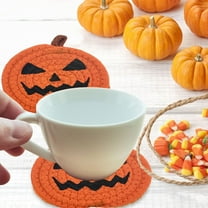 Qiweii Halloween Pumpkin Handmade Braided Cotton Coasters Orange Black Pumpkin Shape Drink Coasters Absorbent Cup Coasters for Home Office Party Decor