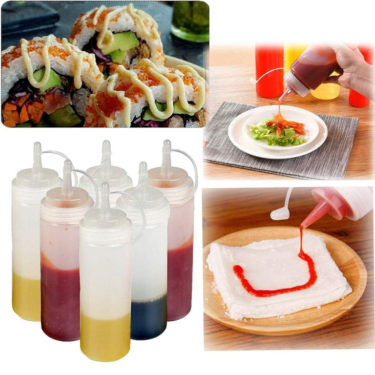 6-pack Premium Plastic Condiment Squeeze Squirt Bottles for Sauces, Paint, Oil, Condiments,Salad Dressings, Arts and Crafts - Food Grade-Includes  Funnel, Erasable Marker and Reusable Labels (16 oz) - Bellemain