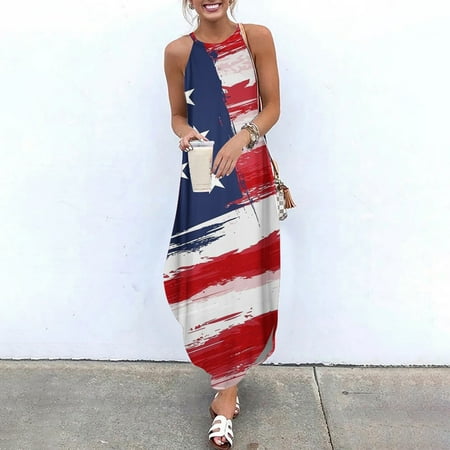 

Hvyesh Womens Sundresses 2023 Plus Size Beach Maxi Dress Red White and Blue Print Round Neck Side Split Dresses Spaghetti Strap Sleeveless Trendy Tunic Dress Red