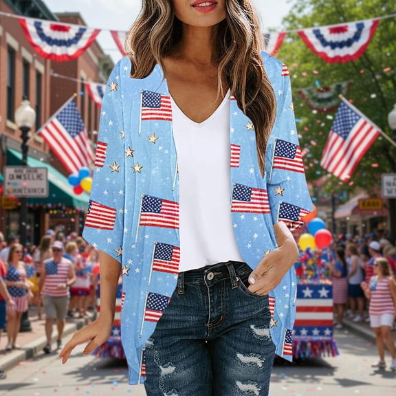 HOMBOM 3/4 Sleeve Kimonos for Women Beach Cardigan Dusters Lightweight 4th of July Vacation Breathable Open Front Ladies Cover Ups