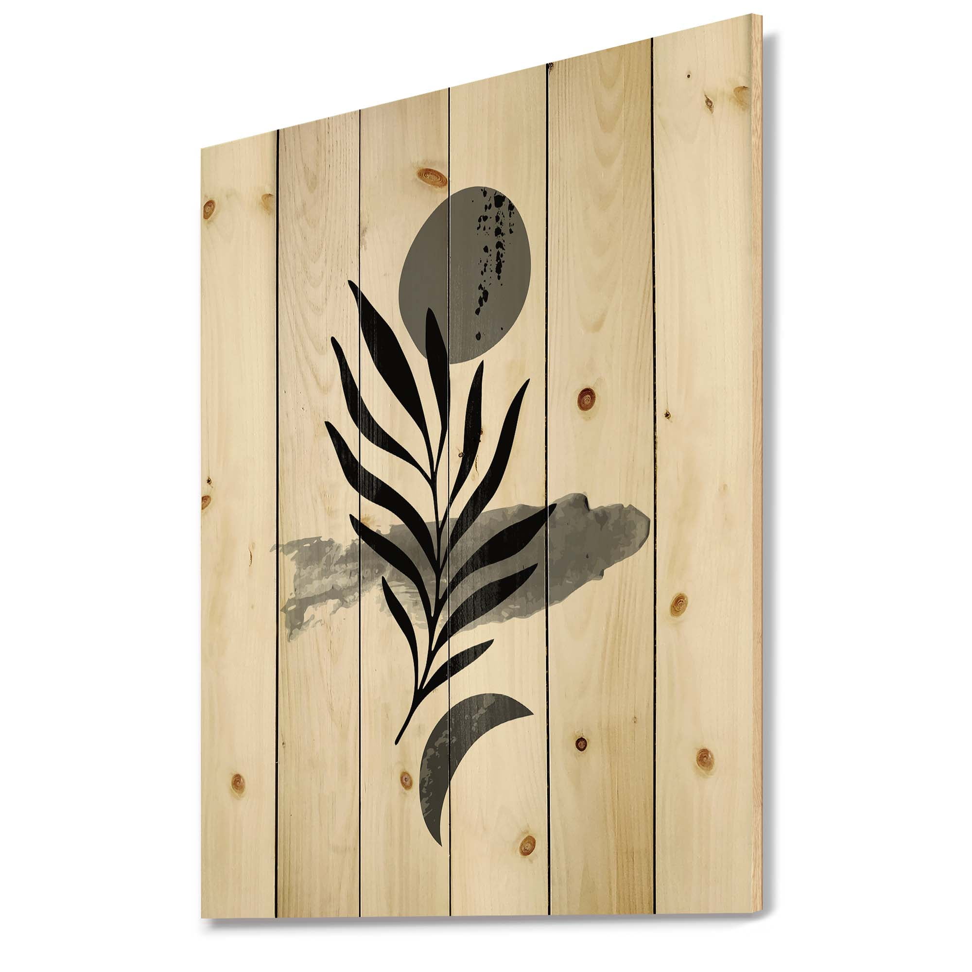 Designart 'Abstract Black Tropical Leaf II' Modern Print on Natural Pine Wood