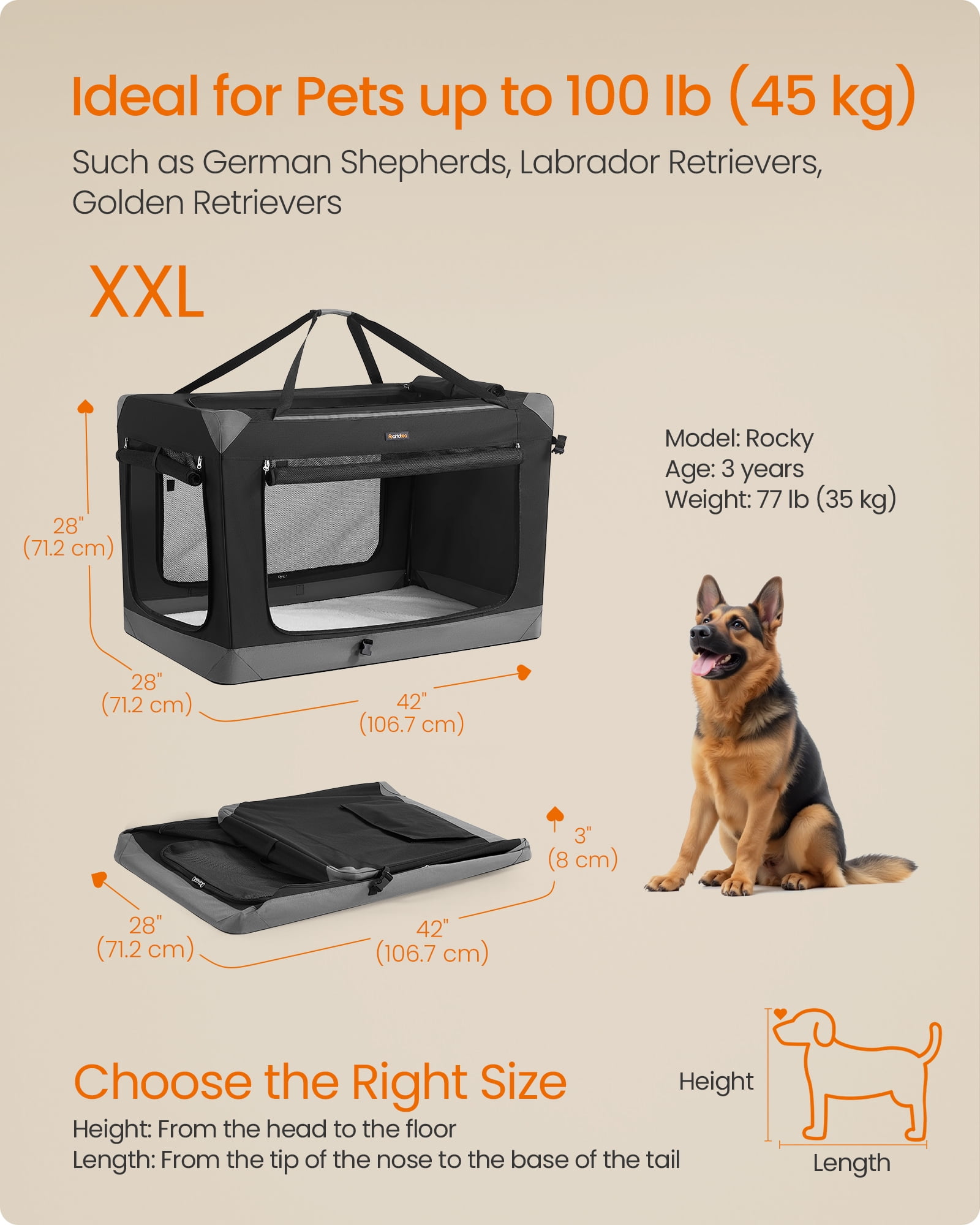 Feandrea Collapsible Dog Crate, Portable Oxford Fabric Pet Travel Crate with 4 Mesh Doors, Handles, Pockets, 42 Inches, for Large Dogs, Ink Black and Dove Gray