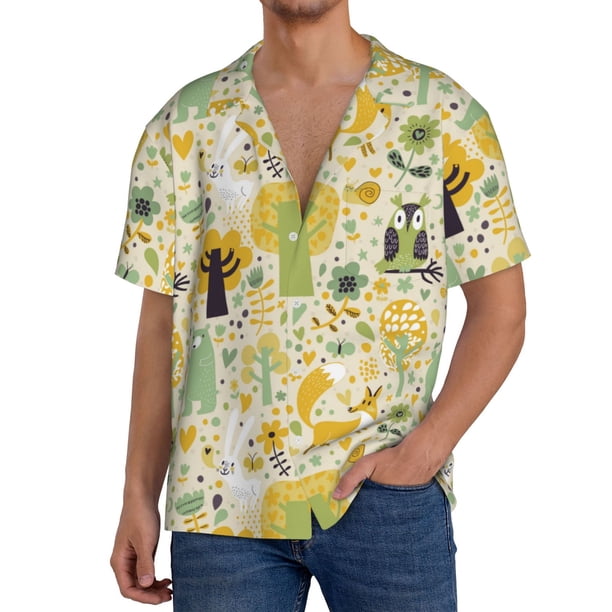 Balery Animal Tree Camisa Casual de Manga Corta con Botones para Hombre, Texturizada, Estilo Cubano, para Playa, Verano-Medium