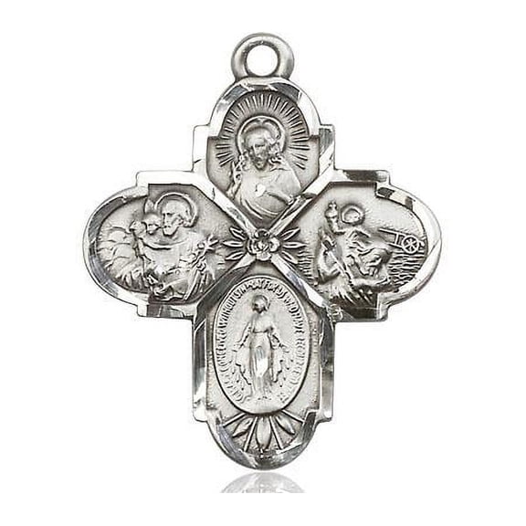 Extel Large Pewter Traditional Catholic 4-Way Cross Cruciform Medal with Miraculous Medal, St. Joseph, St. Christopher and Sacred Heart, Made in USA