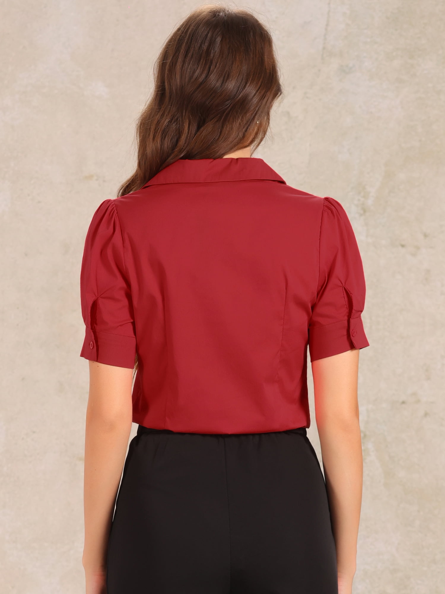 DARING DIVA Office Blouse Button Down Short Sleeve Bodysuit L Red