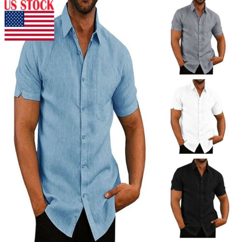 Fashion Men's Summer Casual Dress Shirt Mens Solid Short Sleeve Shirts ...