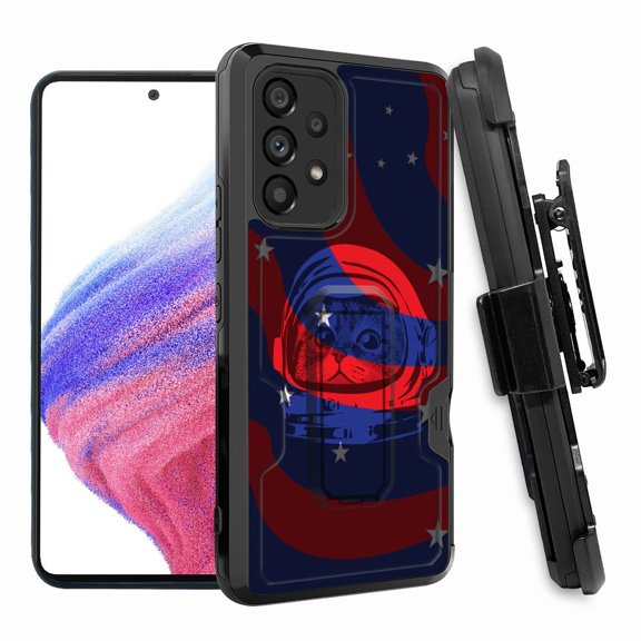 ANJ  Rugged Shockproof Hoster Case w/Card Slot, Kickstand   Tempered Glass Cover for Samsung Galaxy A33 5G - Space Cat