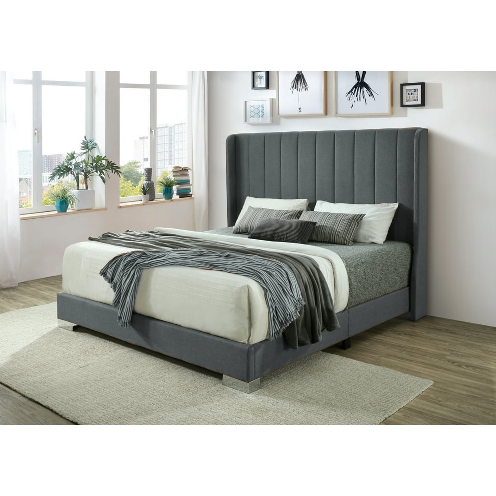 Shandi Channel Tufted Linen Blend Bed Frame with High Headboard, Gray
