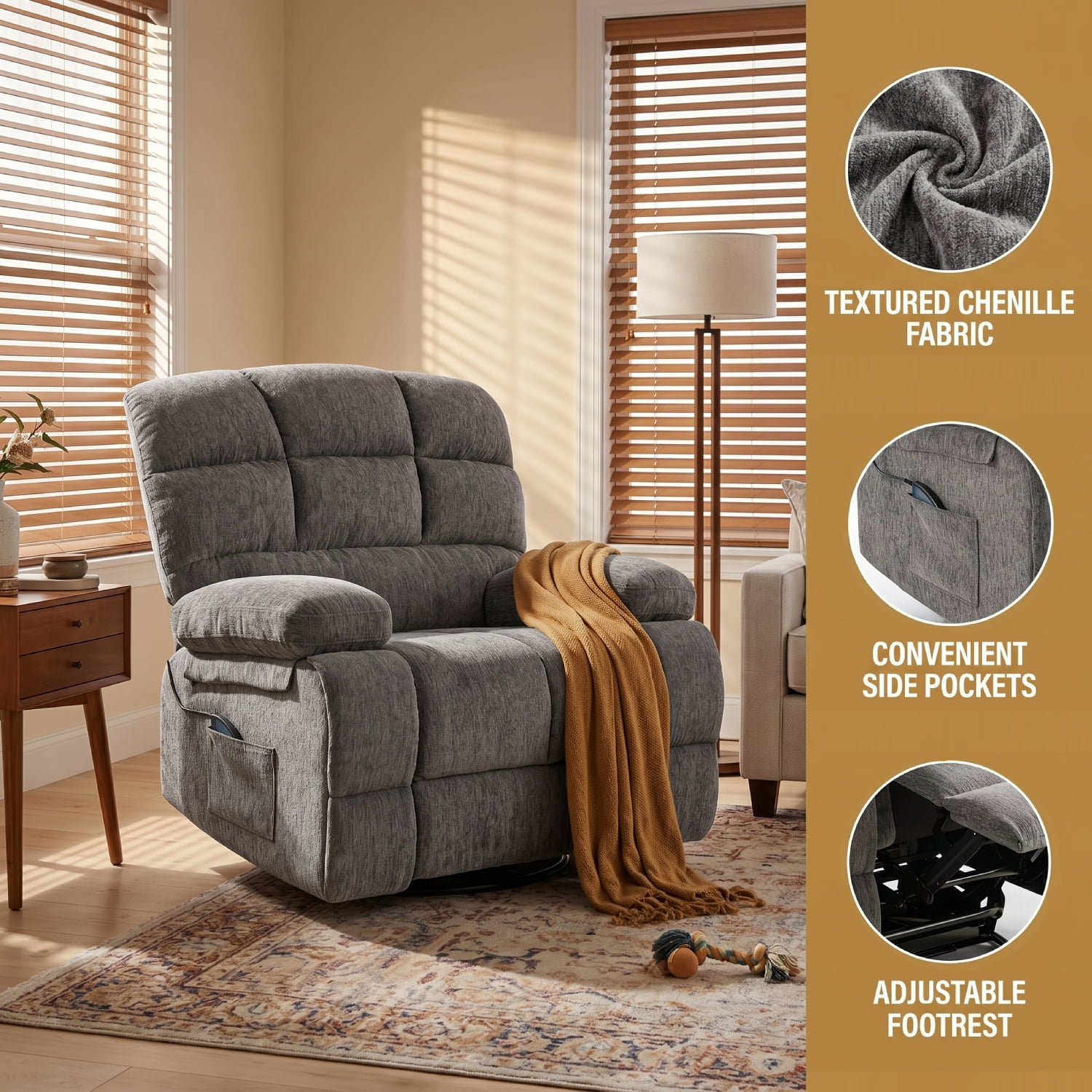 FitStand Swivel Rocker Recliner Chair with USB Port, Heat and Massage, 24.4" Wide Seat Chenille Oversized Recliner, Gray