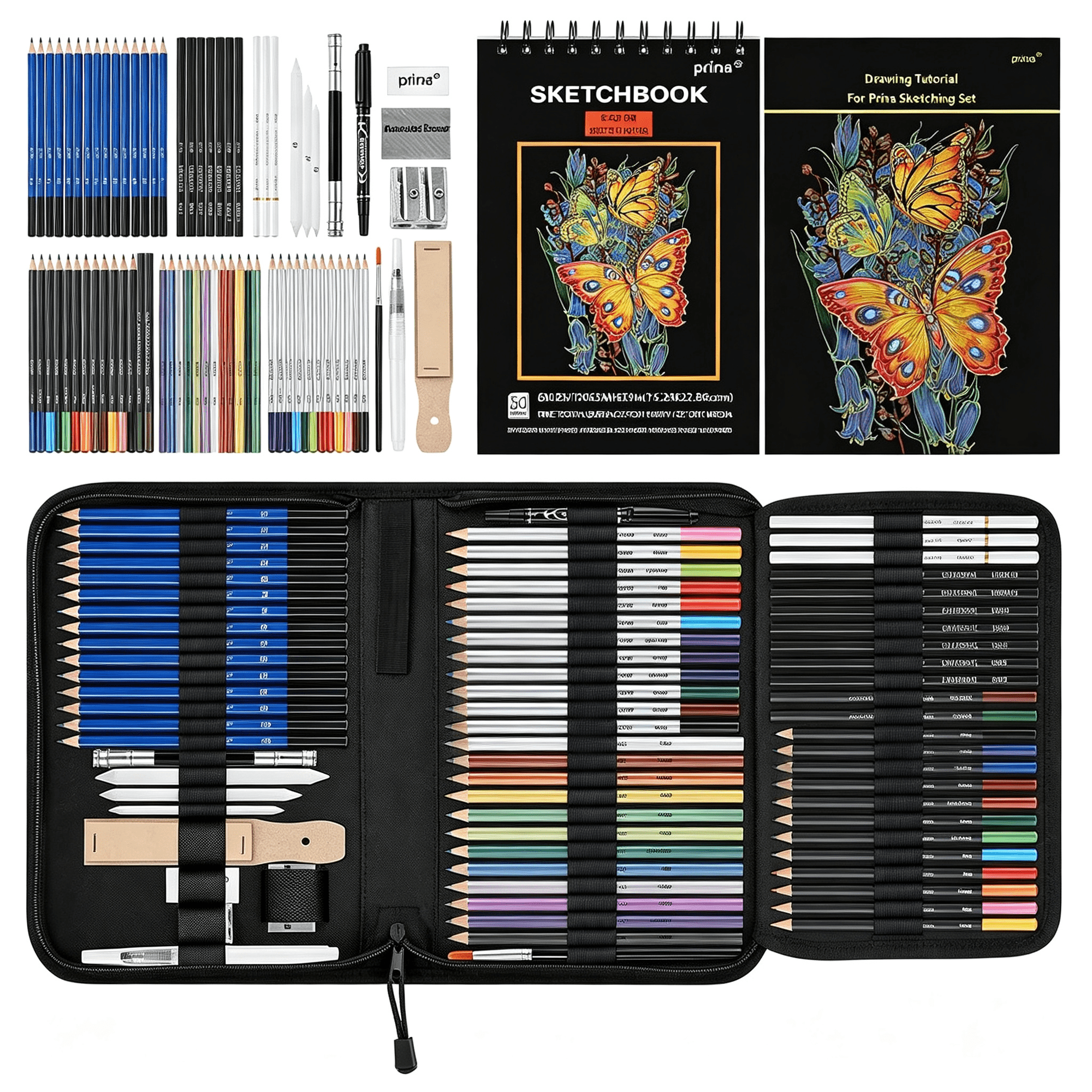 CCOCC 76 Pack Drawing Set Sketching Kit Pro Art Supplies with 3-Color Sketchbook Include Tutorial Colored Graphite Charcoal Watercolor & Metallic Pencil for Artists Adults