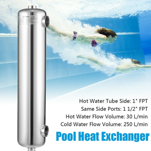Swimming Pool Heat Exchanger 304 Stainless Steel 200 kBtu/hour 1"  1 1/2" FPT Swimming Pool Heat Exchanger 200 kBtu/hour 1" 1 1/2" FPT 304 Stainless Steel