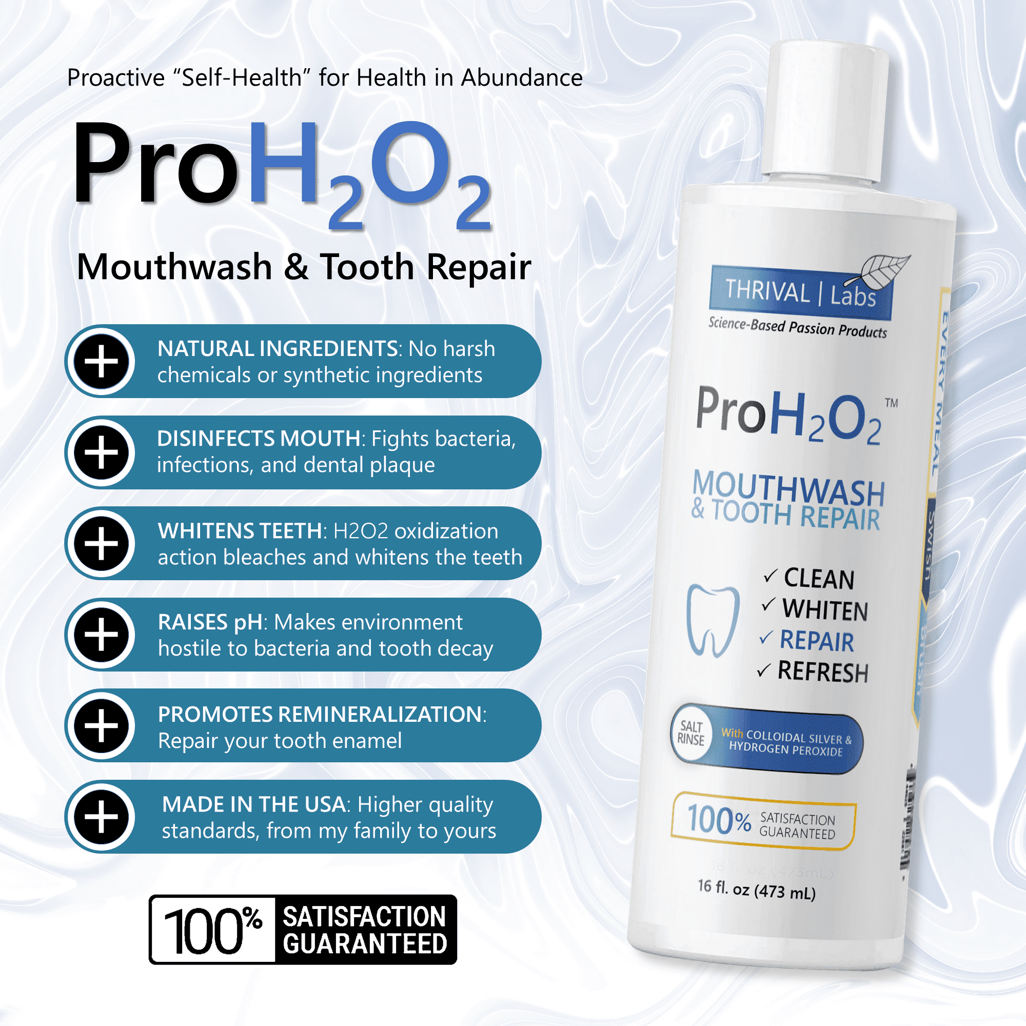 ProH2O2 Natural Mouthwash, Salt Swish, & Tooth Repair by Thrival Labs, Press Top Dispensing, Family 4-Pack