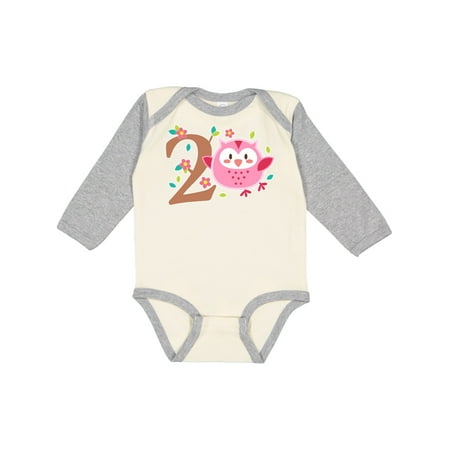 

Inktastic Owl Second Birthday pink flower and tree Gift Baby Boy or Baby Girl Long Sleeve Bodysuit