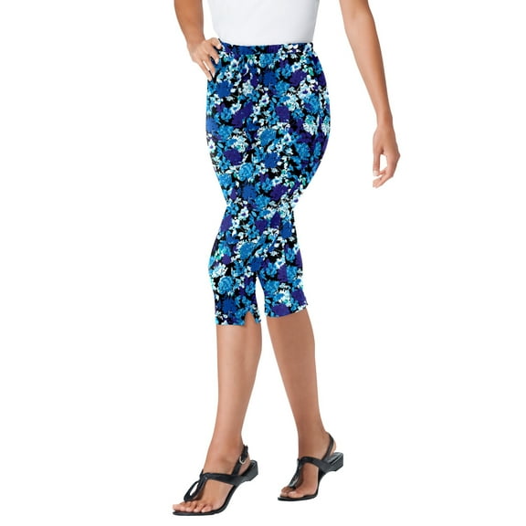 Woman Within Plus Size Petite Stretch-Cotton Knit Pull-On Printed Capri Leggings