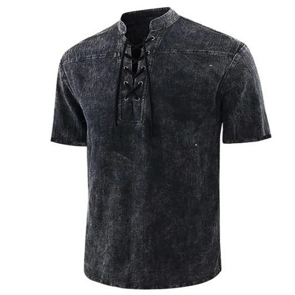 ZVNAΖH Mens Vintage Tunic Tops Lace Up Short Sleeve Shirt Summer Casual Beach Stand Up Collar Cotton Tees