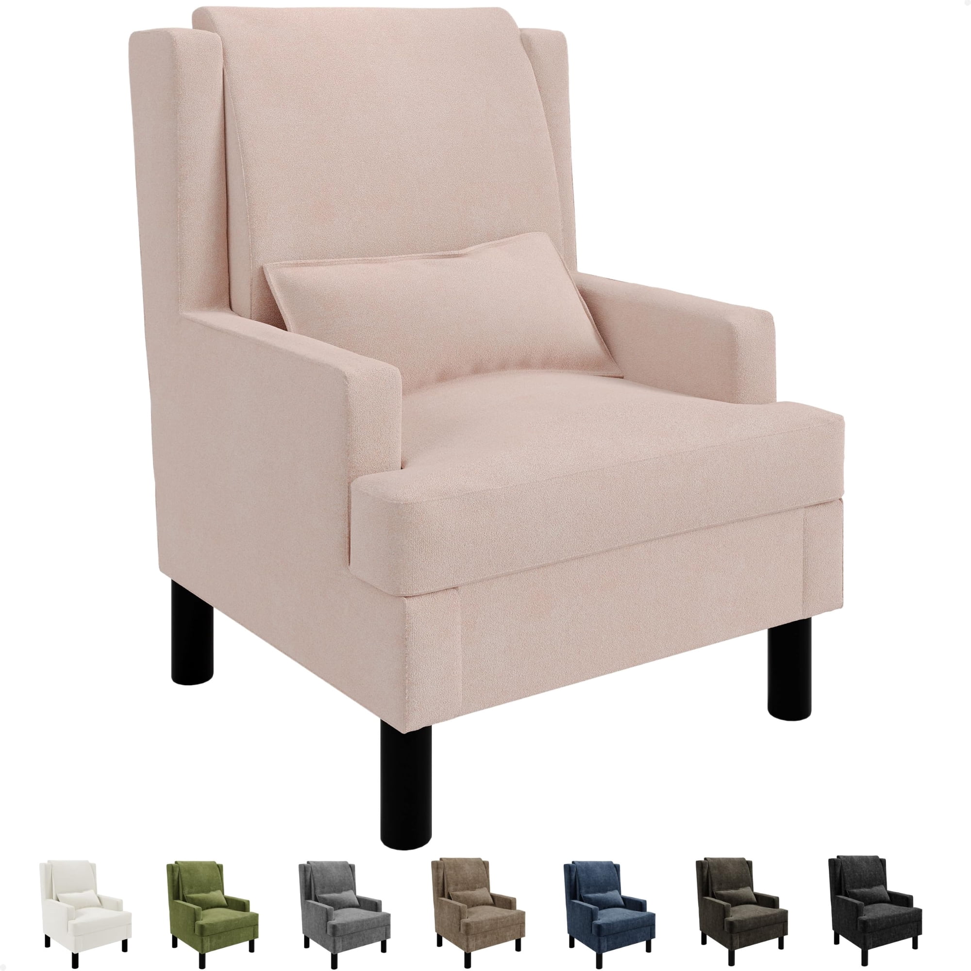 Mid-Century Modern Wingback Accent Chair, Chenille Upholstered Armchair with High Back, Soft Pillow, and Sturdy Wood Legs, Comfy Single Lounge Chair for Living Room, Bedroom, Nursery, or Study