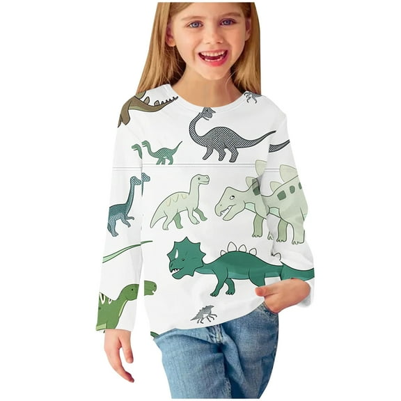 Odeerbi Kids Boys Girls Long Sleeve Shirt Fall Winter Dinosaur Base Layer Undershirt Cute Print Shirts Crewneck Tops Dressy Casual Blouses Kids Clothes White
