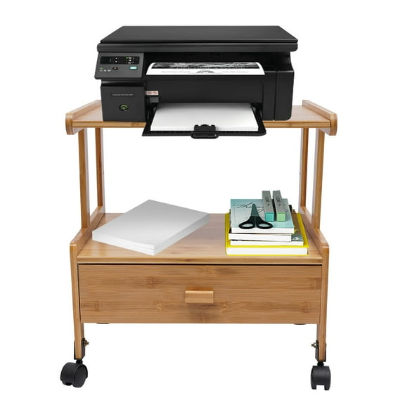 2 Tier Bamboo Printer Stand Rolling Cart Home Office Book Shelf Storage Rack with Drawer