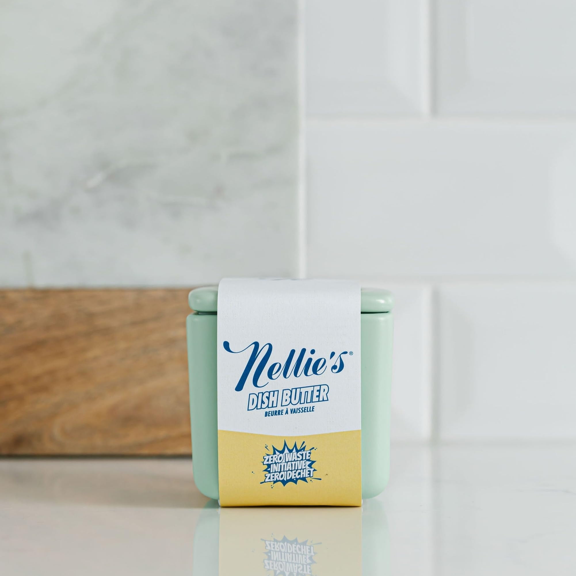 Nellie's Dish Butter - Zero-Waste Alternative to Liquid Dish Soap with Reusable Ceramic Container - Light Spruce Scent for Eco-Conscious Dishwashing (Green)