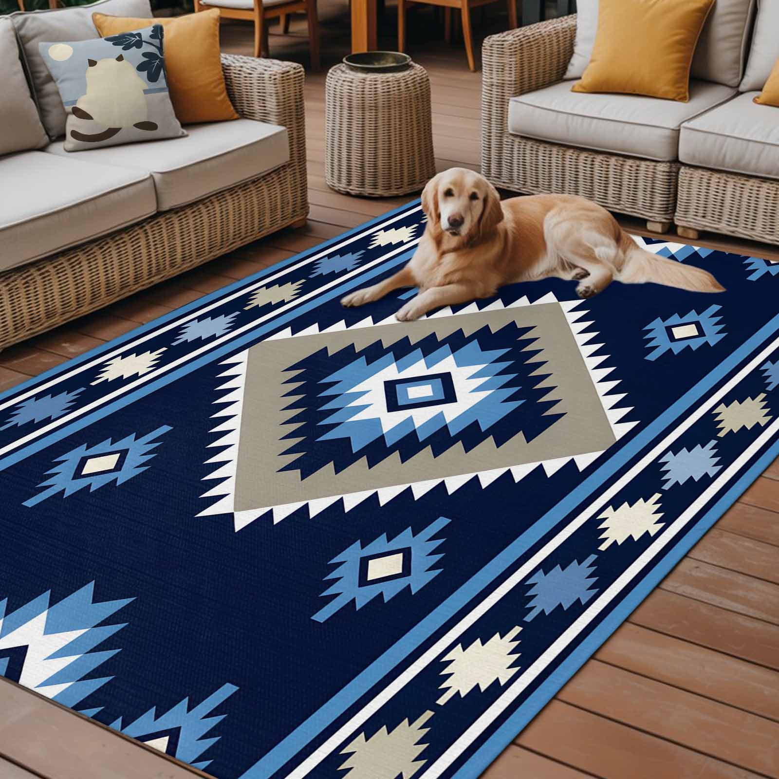 Fsddascl Blue Boho Outdoor Rug for Patio/Deck/Porch, Non-Slip Large Area Rug 4 x 6 Ft, Farmhouse Neutral Abstract Geometric Motifs Indoor Outdoor Rugs Washable Area Rugs, Camping Rug Carpet Runner