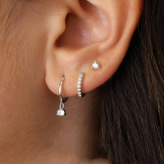 Yomhary 3 Pairs Silver CZ Earrings for Women - Dainty Stud and Small Hoop, 925 Sterling Silver Plated Hypoallergenic